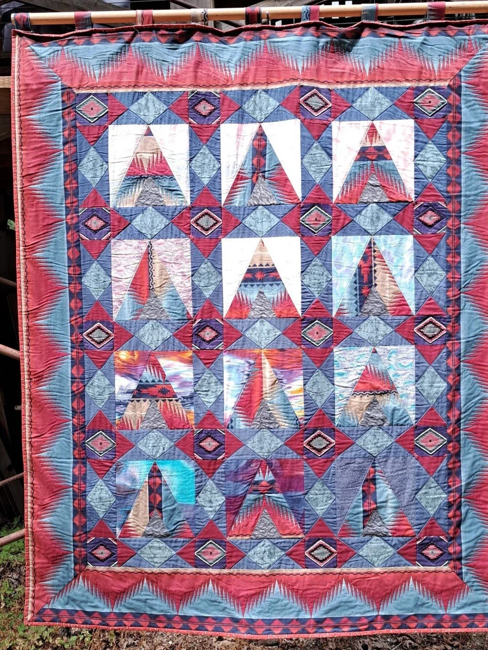 Handmade Geometric Patchwork Quilt in Red, Blue & White